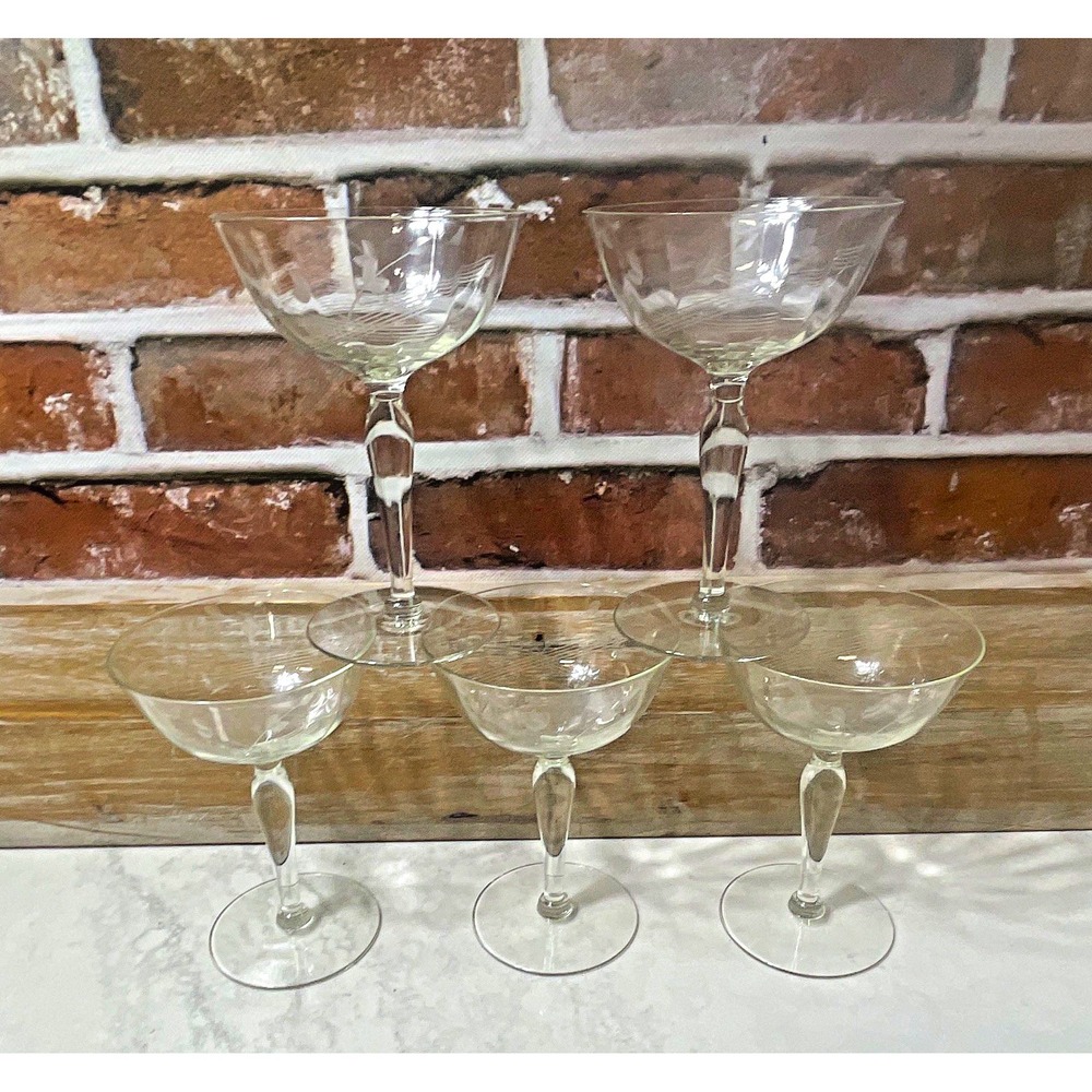 Vintage/Retro Clear Glass Floral Etched Champagne Coupe/Saucer Set, 5pc 7oz